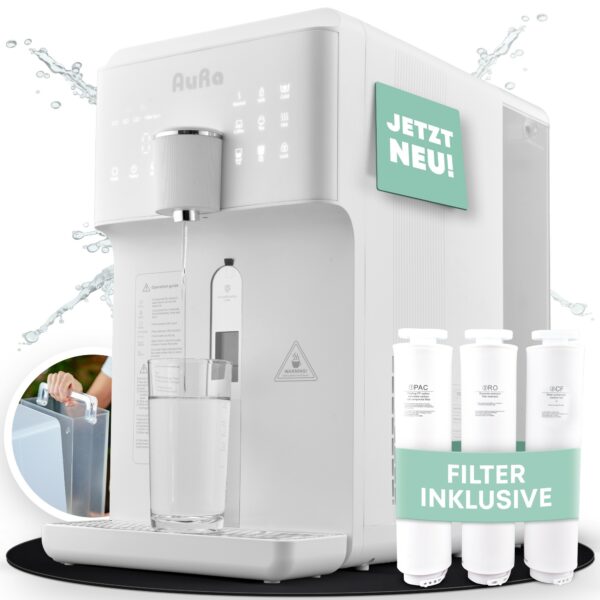 AURA Auftisch-Umkehrosmoseanlage mit Wasserstoff-Ionisator und Heißwasserfunktion mit Festwasseranschluss Weiß und Schwarz W23 -