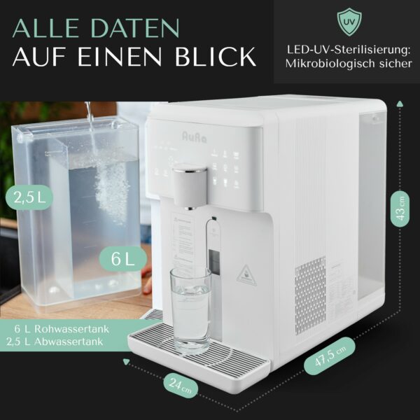 AURA Auftisch-Umkehrosmoseanlage mit Wasserstoff-Ionisator und Heißwasserfunktion mit Festwasseranschluss Weiß und Schwarz W23 -